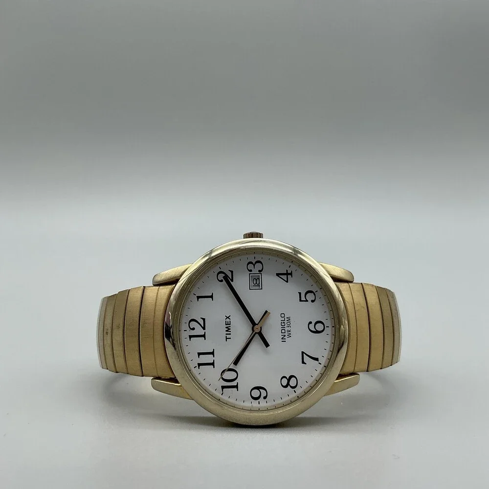 Timex Indiglo WR 30M Mens Watch 35mm Gold Tone Date Stretch New Battery